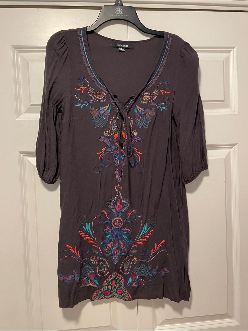 Forever 21 Dark Gray Embroidered Tie-Front Tunic
